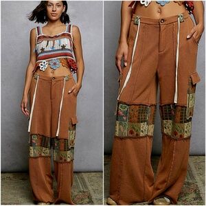 POL Rust Floral Print Patchwork Stretchy Waist Pockets Wide leg Pants